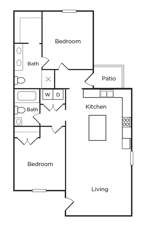 A floor plan of a living space with a kitchen, two bathrooms, a patio, and two bedrooms.